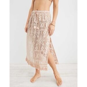 Aerie Crochet Fringe Drawstring Midi Skirt Swim Cover
